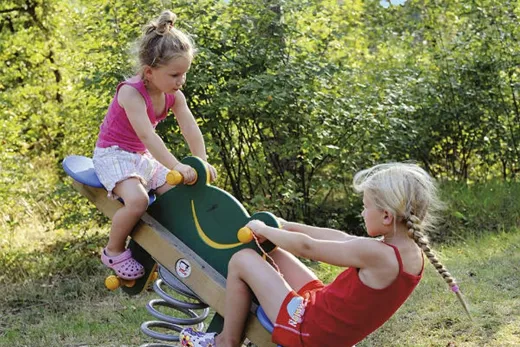 Kinderen spelen in 1 van de speeltuinen op het park