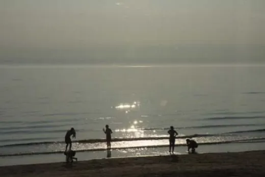 Mensen lopen over het strand dichtbij het park